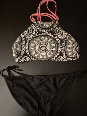 No Boundaries Black & White Aztec High-Neck Bikini with Pink Straps